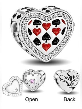 925 Poker Heart Clock Locket Charm Brand New